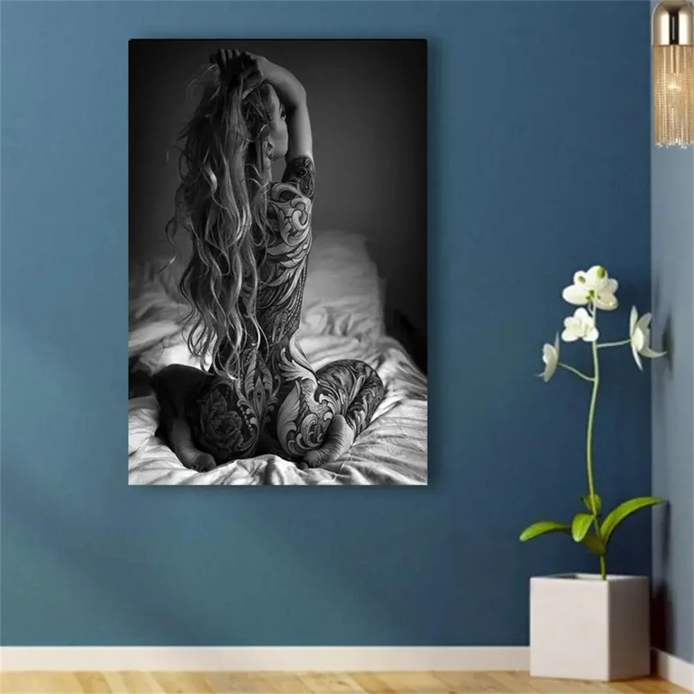 Póster moderno de tatuajes de belleza en blanco y negro, arte de pared en lienzo, decoración mural elegante para dormitorio d