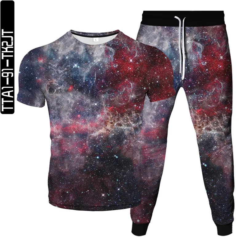 Harajuku Star Space Galaxy Colorful Nebula 3D Print Mens Tracksuit Male T-Shirt+Trousers 2Pcs Sets Oversized S-6XL Clothing Suit