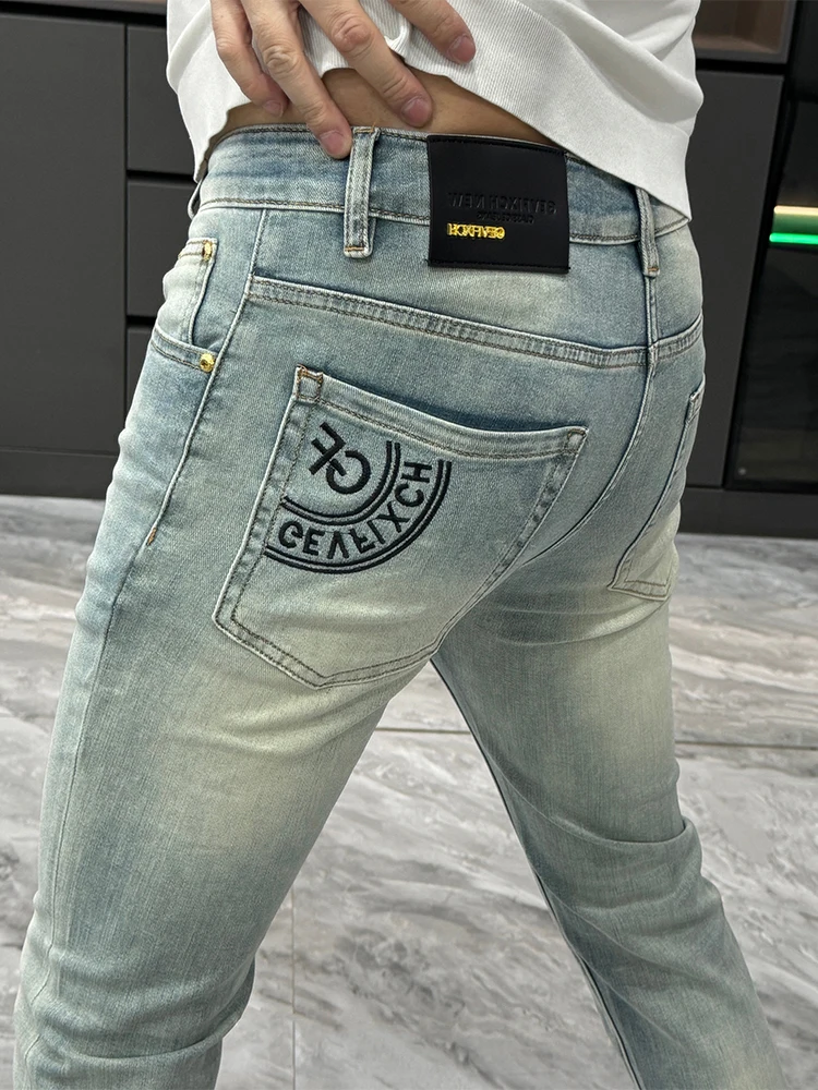 Elegant Embroidered Casual Jeans Men's Light Colored Fashionable Slim Fit Long Pants Autumn 2026 Trendy Wear Versatile Jeans