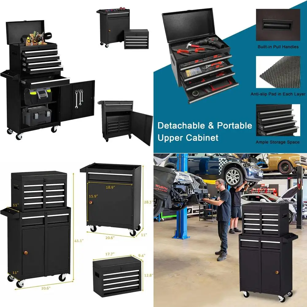 5 Drawer Rolling Tool Chest with Detachable Workbench, Lockable, for Garage, Workshop, Auto Repair - Black