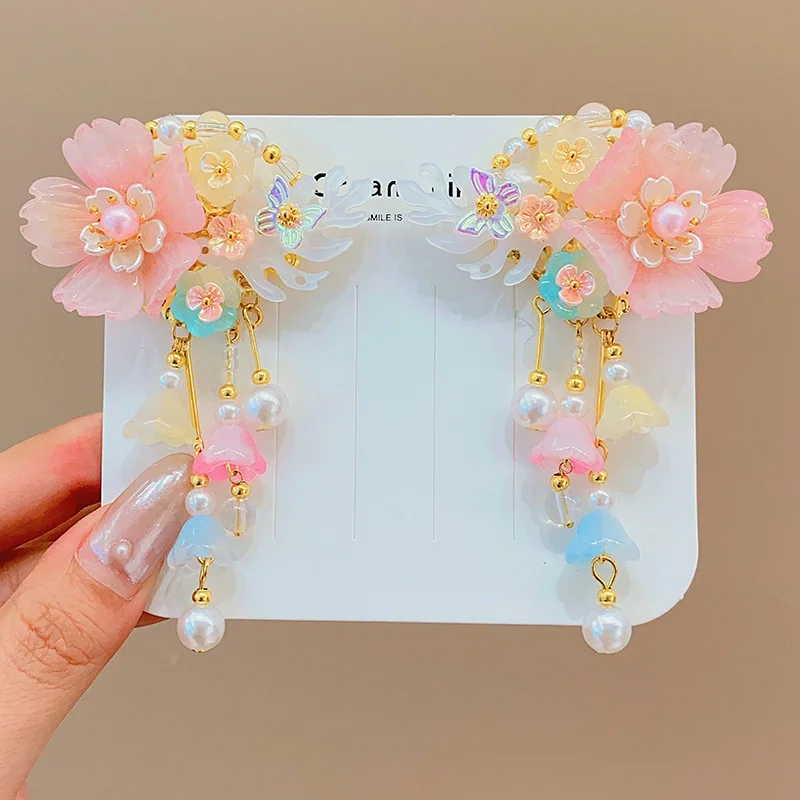 2PCS Beautiful Chinese Style Children Girl Beaded Hairpin Headdress Tassel Baby Flower Pearl Hair Clips Vintage Fashion Headwear