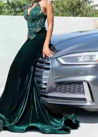 customized Evening dress - Emerald Green Velvet Mermaid Gown with Halter Beaded Bodice and Trailing Skirt