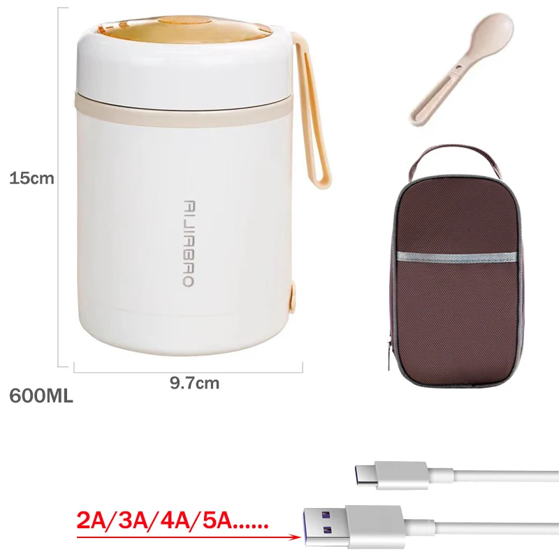 Elektryczne pudełko na Lunch ze stali nierdzewnej USB 0,6l 5V 12V 24V pracownik podróżny kemping przenośne jedzenie podgrzewany pojemnik do zestaw