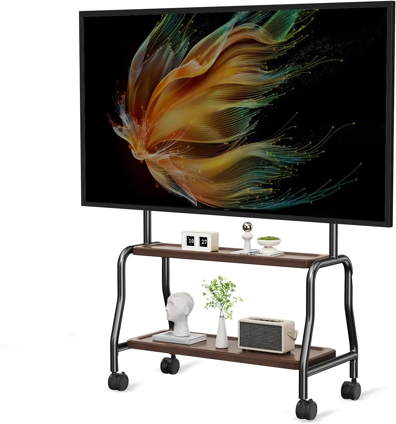 Easel Rolling TV Stand with Wheels for 32-75 Inch TVs, Decorative Mobile TV Cart with Double Wood Shelves, Portable Floor TV Sta