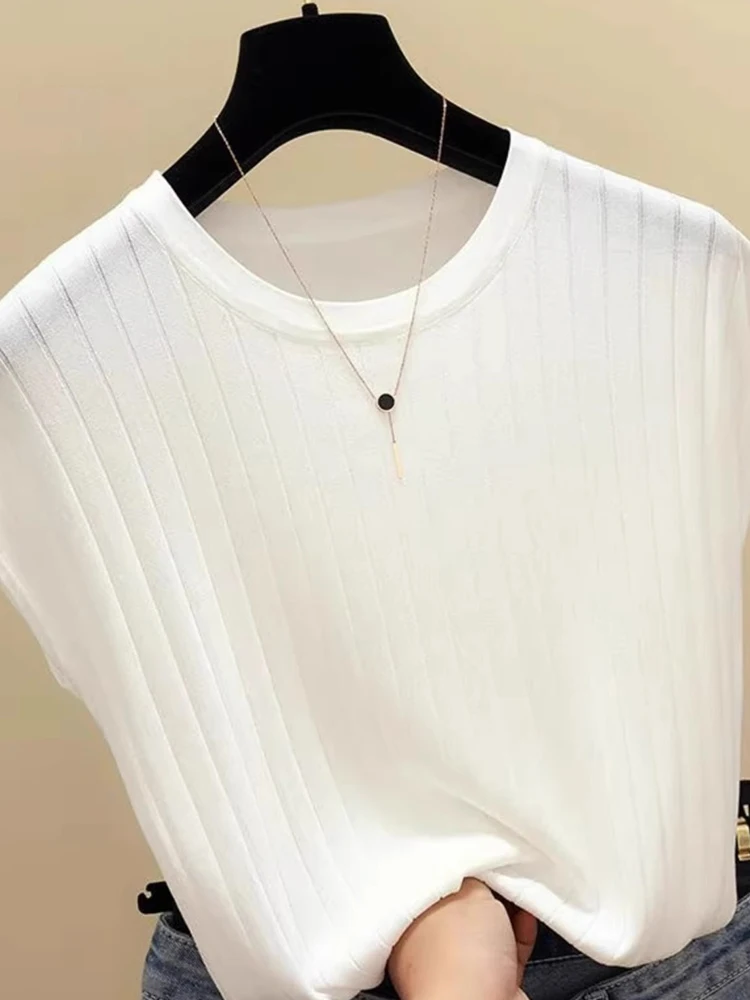 Faionable Pure Color Ice Silk Gestrickte runde Ne ort Sve Summer Thin Top Commute Sle Small ence High-End Feeling