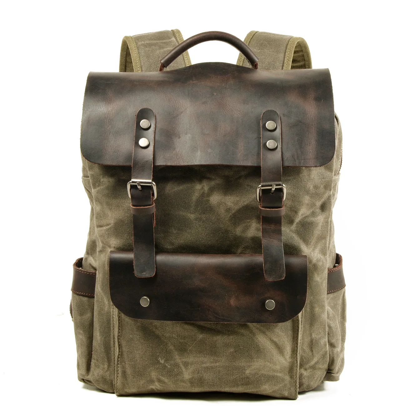 Outdoor Computer Backpack Student Waterproof Bag Cotton Waxed Canvas with the Header Level Crazy Horse Leather Backpack