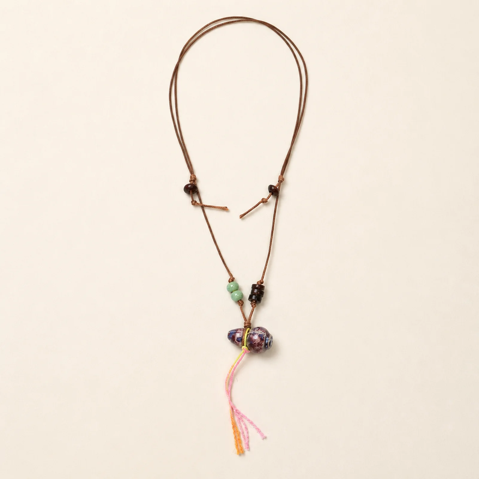 Handmade Ceramic Gourd Pendant Necklace with Waxed Cord Braided Wood Beads Adjustable Chinese Fu Character Charm Y260729-09
