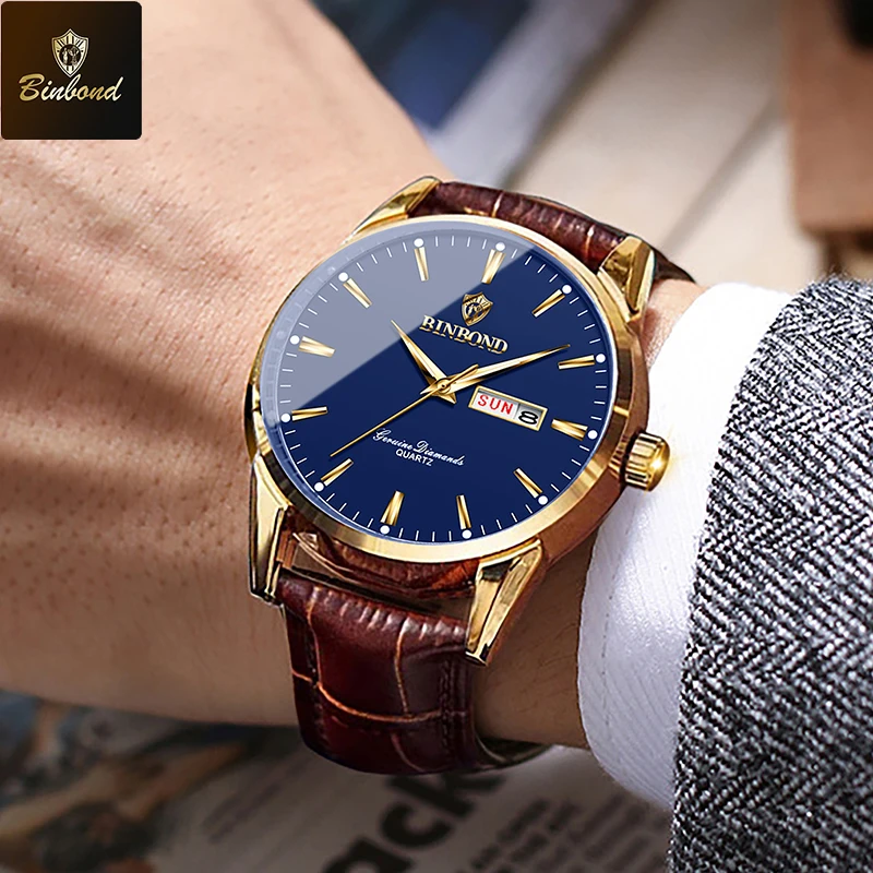 BINBOND แฟชั่นนาฬิกาหนังสีน้ําตาลผู้ชายกีฬาทหารผู้ชายนาฬิกาข้อมือควอตซ์ Casual กันน้ํา Chronograph Relogios Masculino