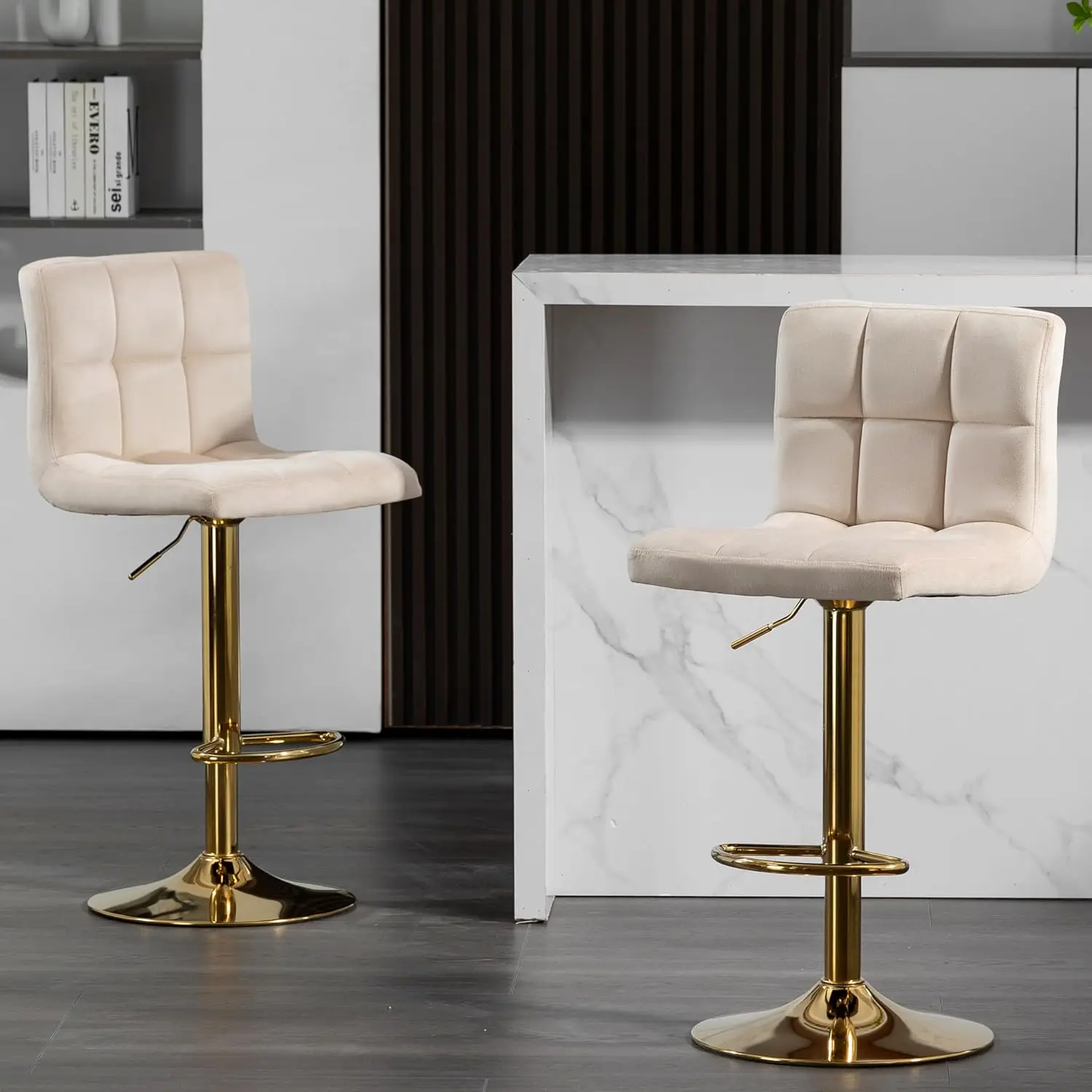 Finnhomy Gold Bar Stools Set of 2 Velvet Fabric, Swivel Barstools with Footrest and L Shape Thicken Cushion Back,