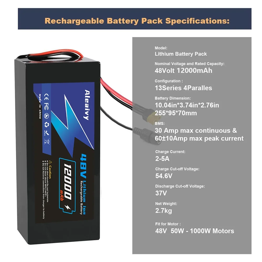 High Capacity 36V  12Ah Li-ion Battery with 30A BMS, for 48V 500W 750W 1000W Electric Bicycle  Conversion Kit Parts