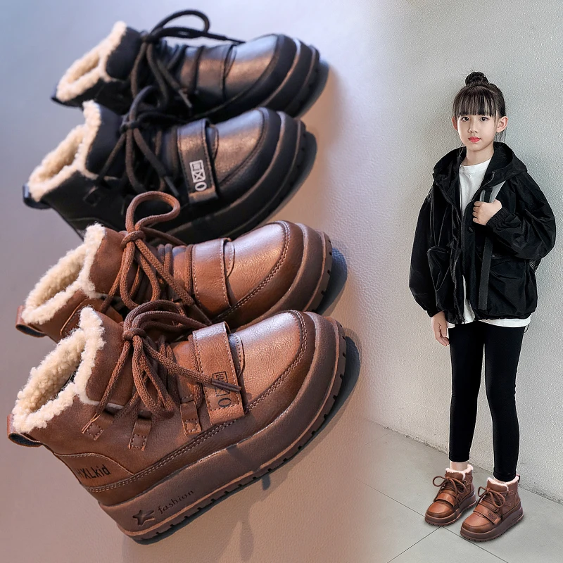

2025 New Winter Korean Style Children Snow Boots Genuine Leather Warm Plush Toddler Boys Shoes Non-slip Fashion Baby Girls Boots