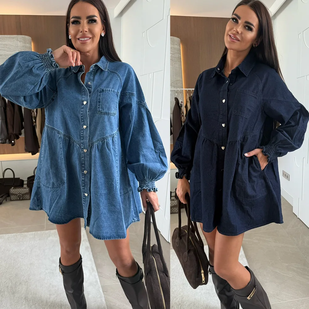 2025 Abito da donna in denim a maniche lunghe con bottoni casual moda 89233 Boho Wedding 2025 Abito estivo Robe Vestido Women Party