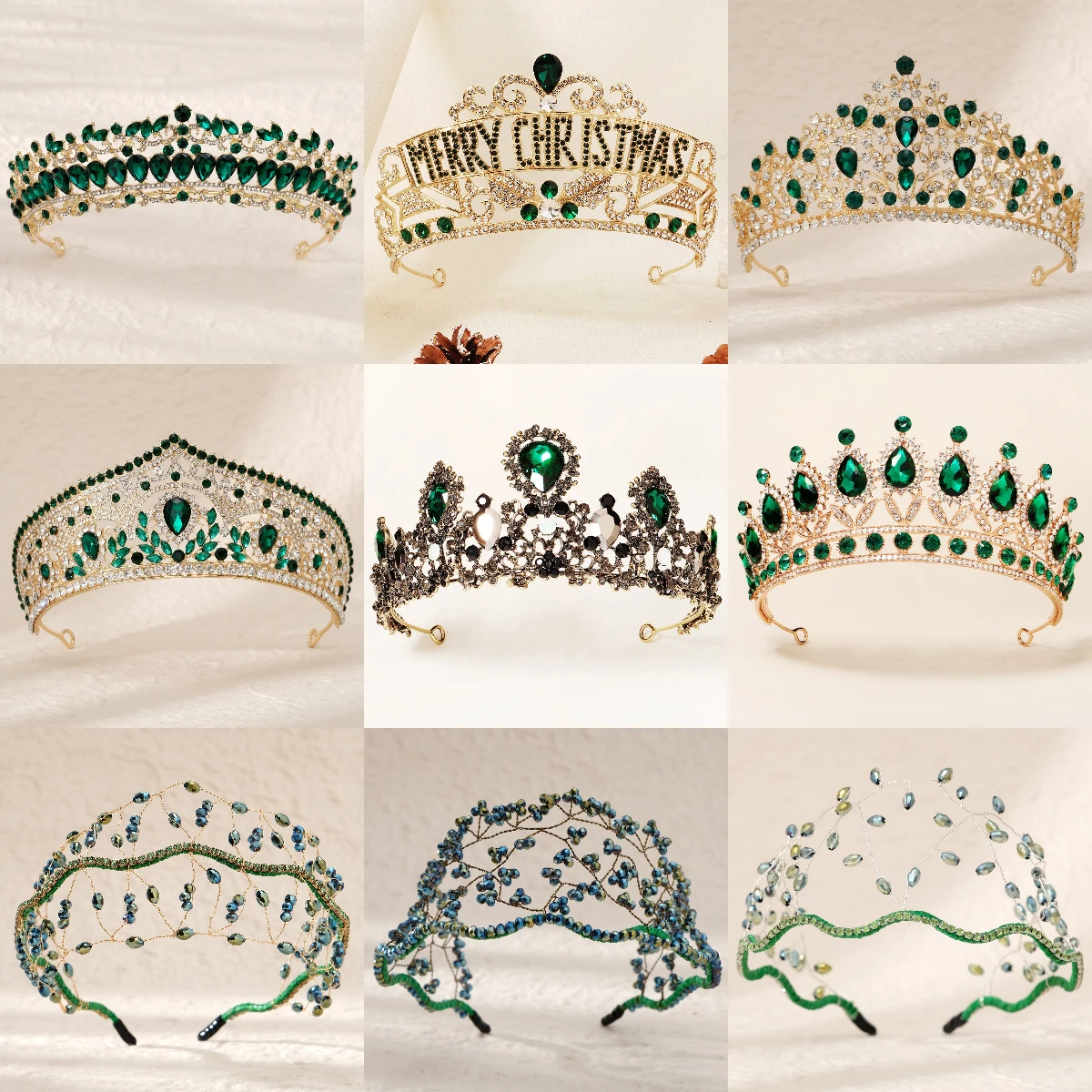 Luxury Green Rhinestone Crown Exquisite Handmade Grand Queen Headpiece Hair Ornament Bride Wedding Tiara Trendy Headwear
