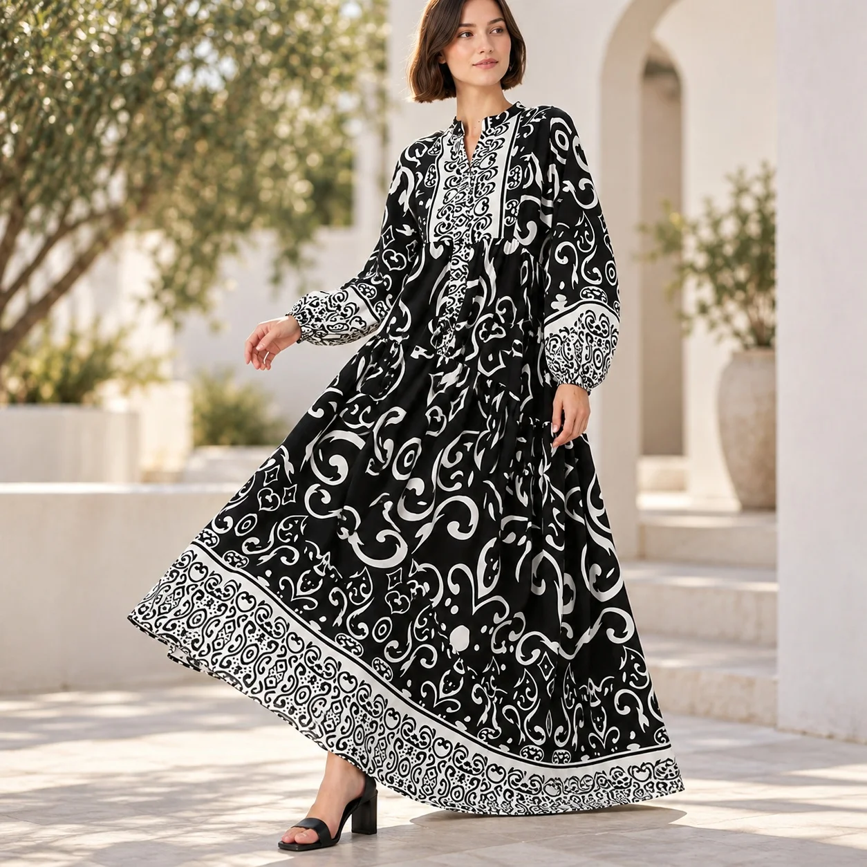 V Neck Loose Fit Dress Elegant with Long Sleeve Pullover Mid Waist Printed Geometric Pattern Graceful Commuter for Women