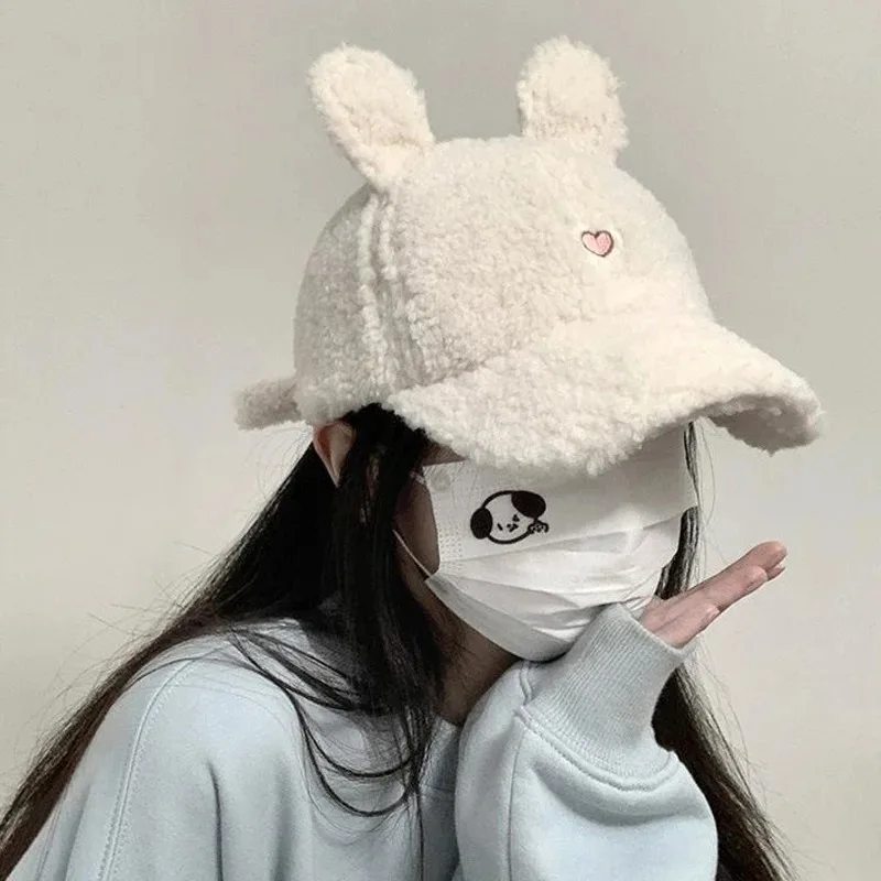 New Fashion Versatile Warm Pure Color Cute Lamb Plush Little Rabbit Hat