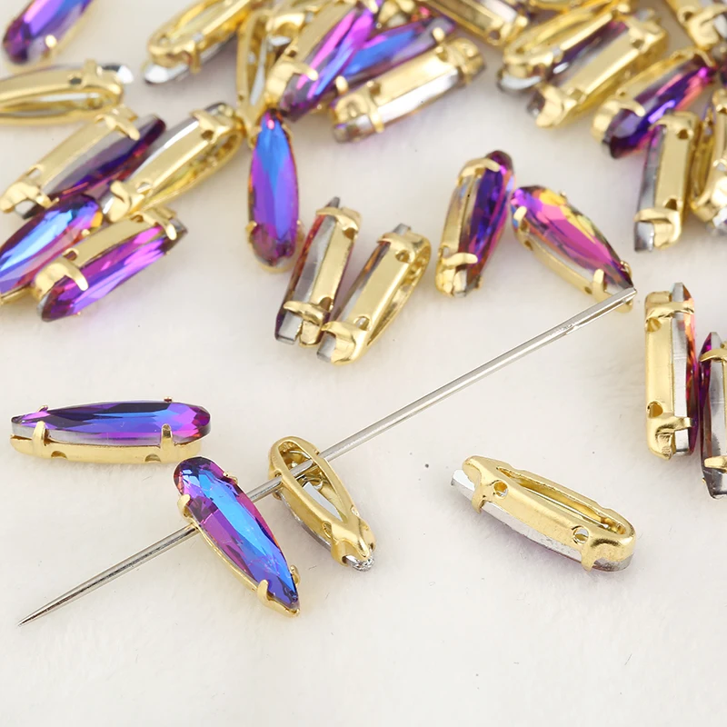 PEESOM New Shape 20pcs 4x15mm Teardrop Colorful Sew on Glass Teardrop Rhinestone Gold Sharp Drop Crystal Sewing DIY Accessories