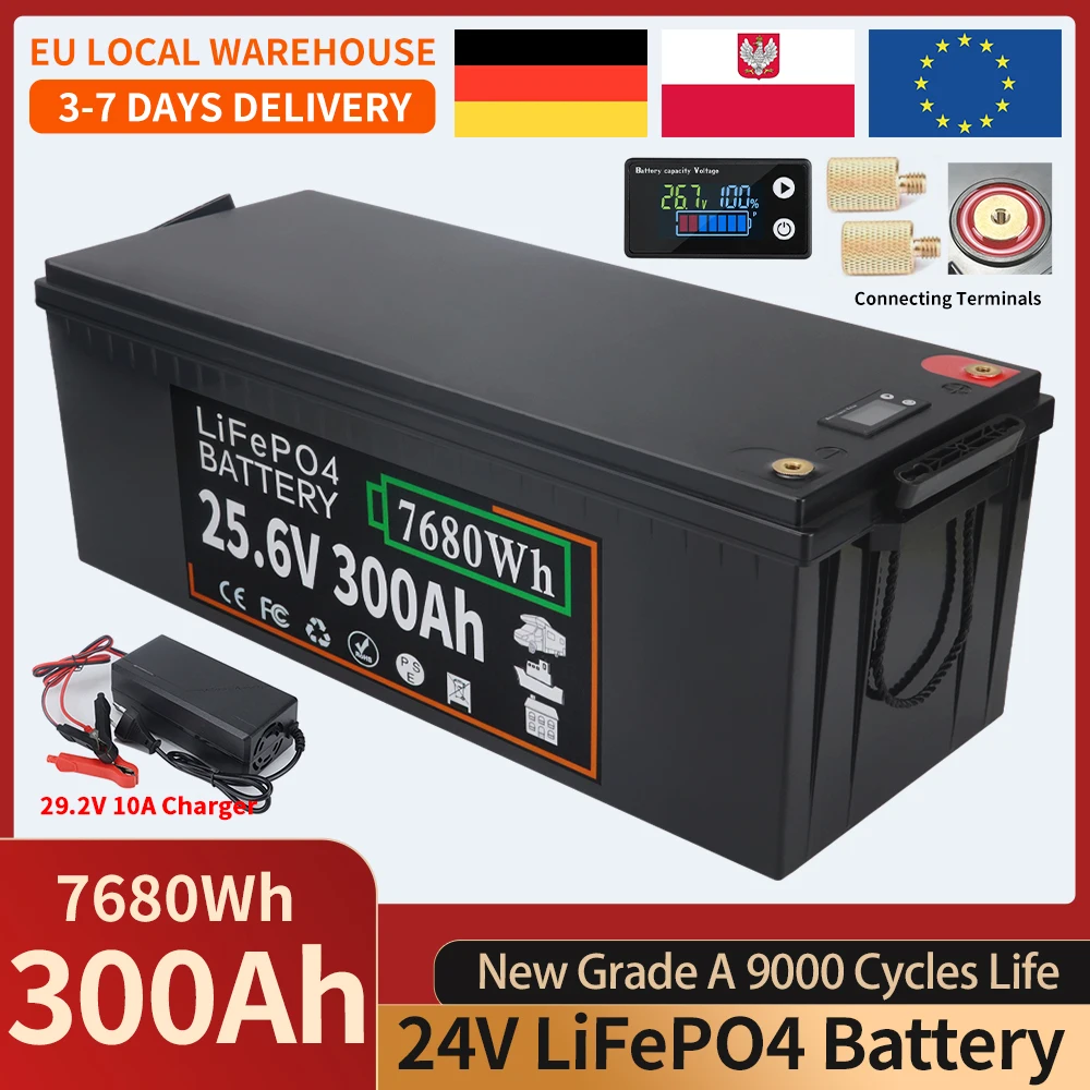 Batterie LiFePO4 12V 24V 100Ah 150Ah 300Ah 350Ah avec BMS intégré, cellule au phosphate de fer et de lithium de qualité A, durée de vie de 9000 cycles pour camping-car, solaire, moteur de pêche à la traîne, stock UE