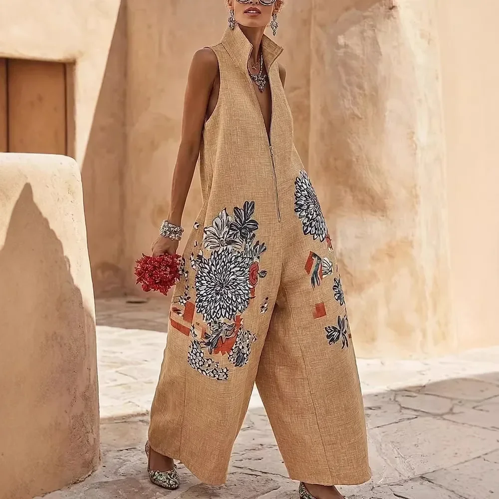 Vintage Print Zipper Sleeveless Jumpsuits Women Summer New Fashion Temperament Loose Wide Legs Jumpsuit Lady Commuting Clothing