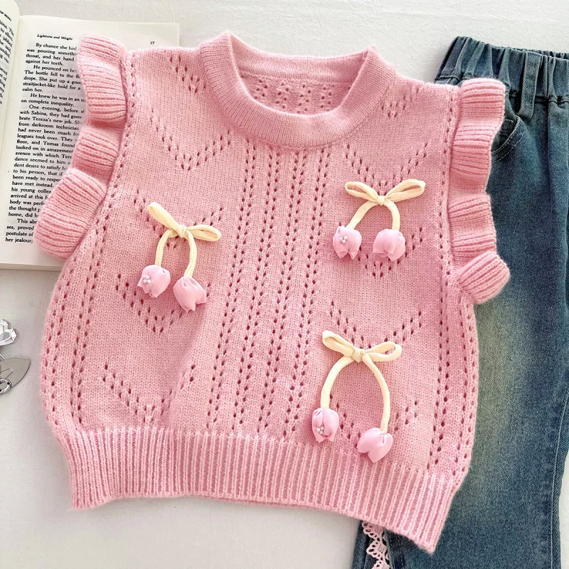 

2025Autumn New Style Girls' Fashionable Sweater Vest Long Sleeve Shirt Denim Pants Three-Piece Set