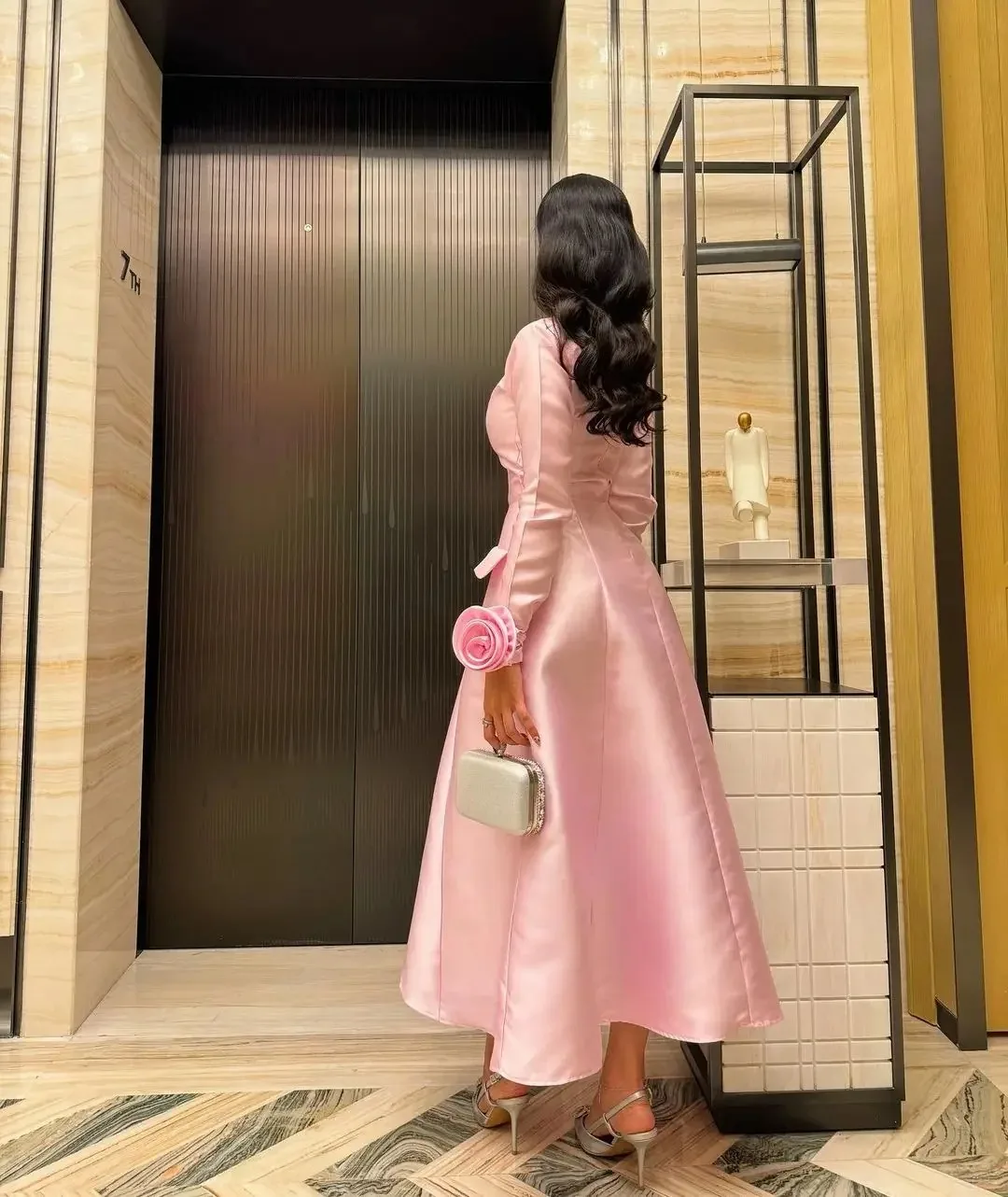 تخصيص المرأة السعودية طويلة الأكمام الوردي فساتين لحضور الحفلات الموسيقية مطوي الكاحل طول المرأة الرسمية فساتين السهرة فستان حفلات الزفاف