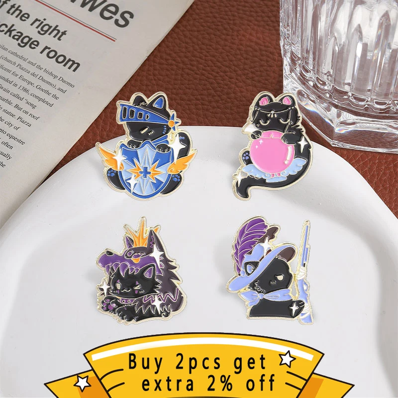 Fantasy Black Cat Enamel Pin,Cute Witch,Cowboy Dragon and Knight Fantasy Character Badge,Fashion Accessory,Gift for Cat Lovers