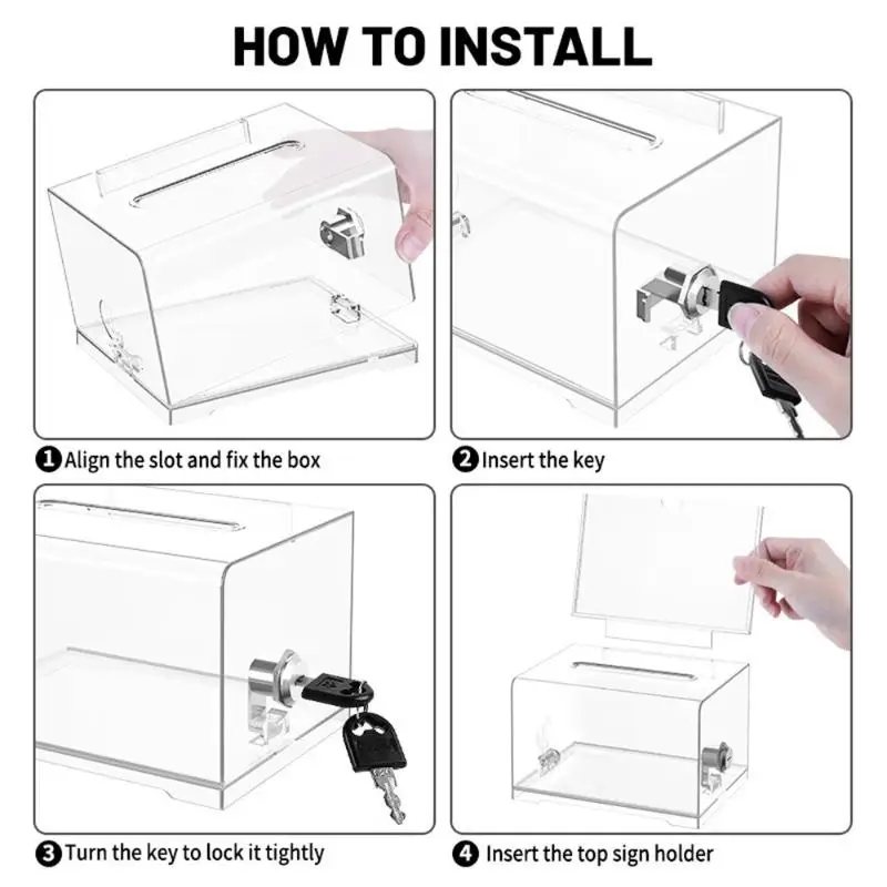 حاوية بلاستيكية متينة للتصويت مع قفل وحامل علامة صندوق اقتراحات صندوق الاقتراع الصلب من الأكريليك