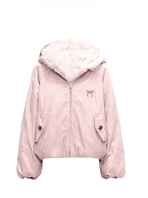 

Double-Sided Wearable Eco-Friendly Fur Jaet Warm Cotton Parka Coat Mist Peach Fce ket Winter Outerwear Women's Clothing