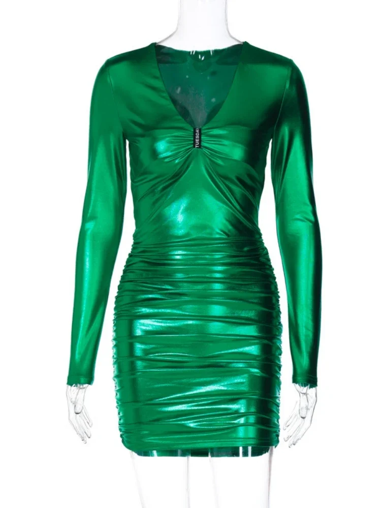 Vestidos ajustados De manga larga para Mujer, ropa Y2k, cuello en V, ropa De calle Sexy, verde, pliegues, trajes De dama De moda