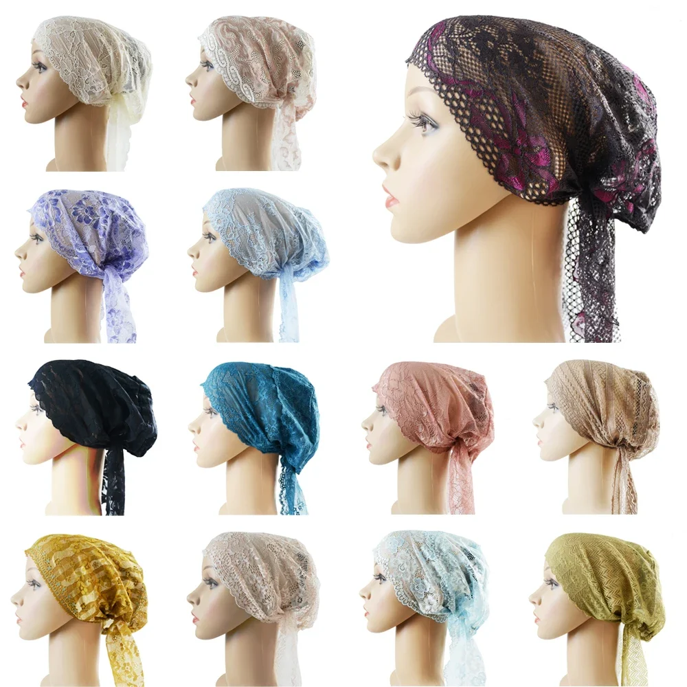 ผู้หญิงมุสลิมผ้าพันคอลูกไม้ Underscarf ยืด Hijab ผมฝาครอบ Headwrap Underscarf หมวกอิสลามผ้าพันคอ Bonnet Turban