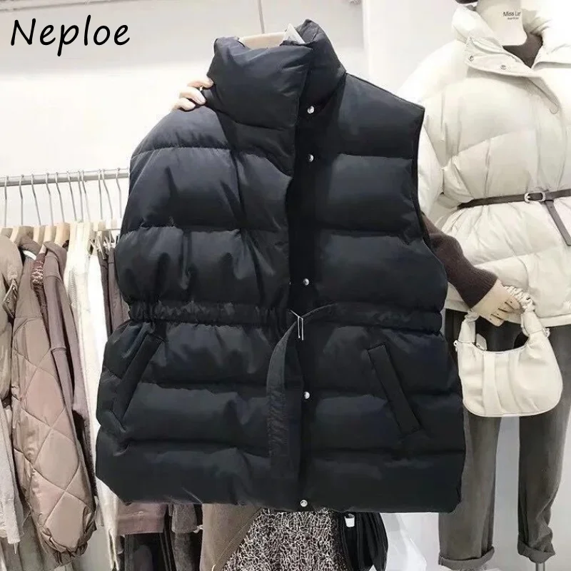 Neploe Feminina Winter Coat Women Stand Neck Solid Color Sleeveless Vest Parkas Pockets Drawstring Slim Waist Puffer Jacket