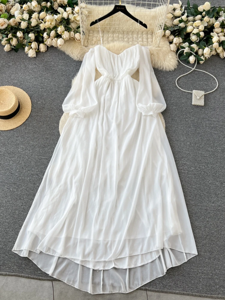 Beach Elegant White Long Dress for Women One Shoulder Strapless Long Sleeved High Waisted Slim Party Formal Maxi Evening Dresses