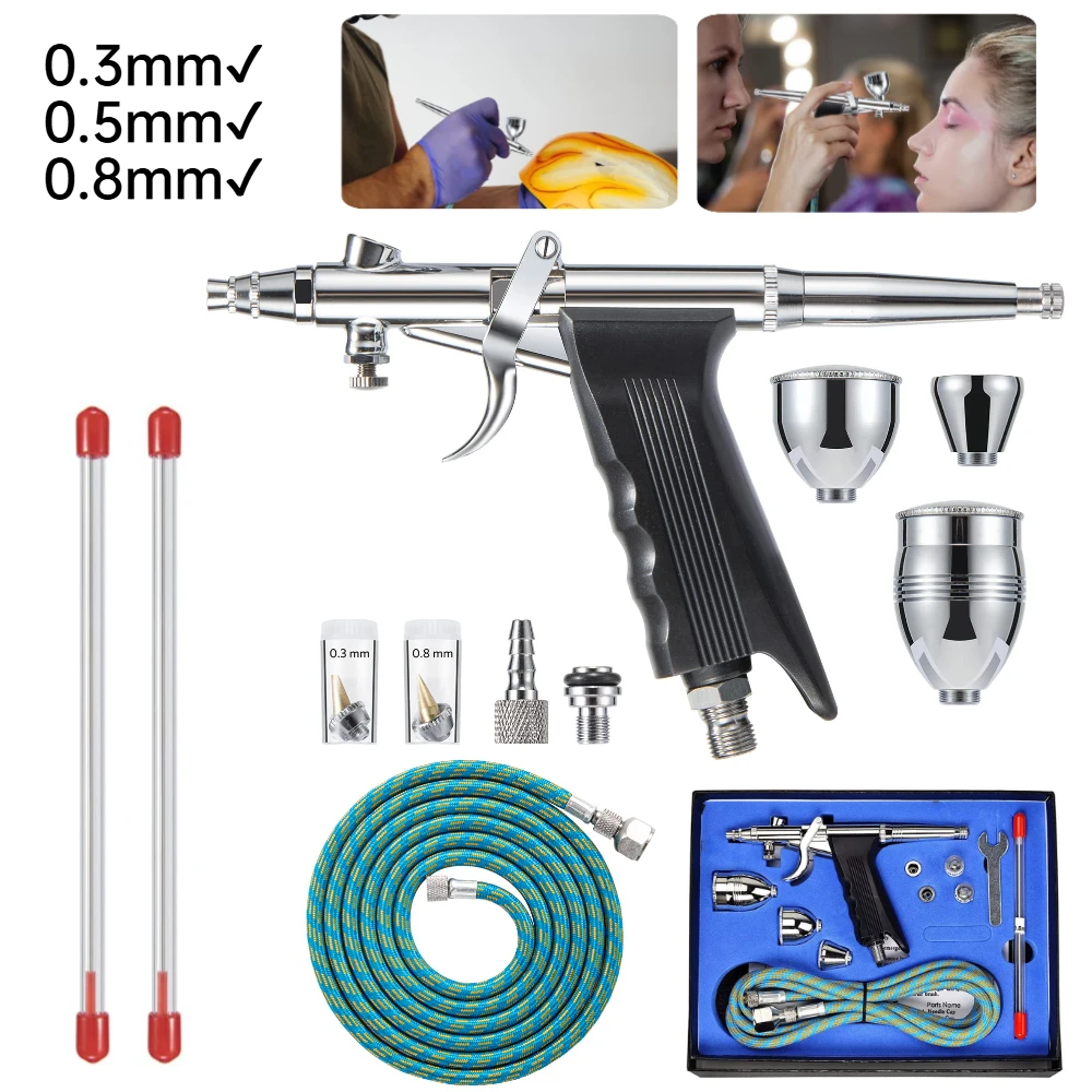 

Air Brush Painting Set with 0.3mm/0.5mm/0.8mm Needles 2cc/5cc/13cc Paint Cup for Painting Nails Cake Tattoo Makeup