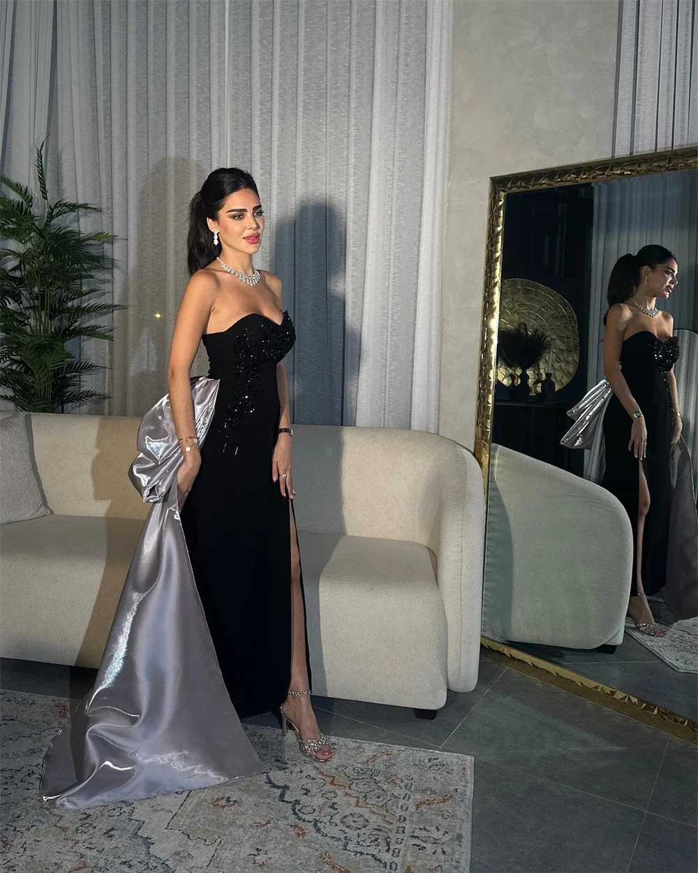 Customized Saudi Arabia Formal Evening Gown Strapless Column Anke Length Hi-Lo Stole Sequin Bespoke Occasion Dresses Prom Dress