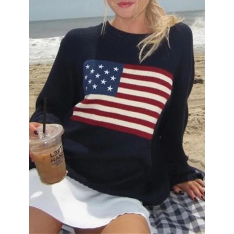 Women\'s Vintage American Flag Knit Sweater, Long Sleeve Sweaters, OversizedPullover, Winter Tops, Luxury Clothes, Y2K, Aesthetic