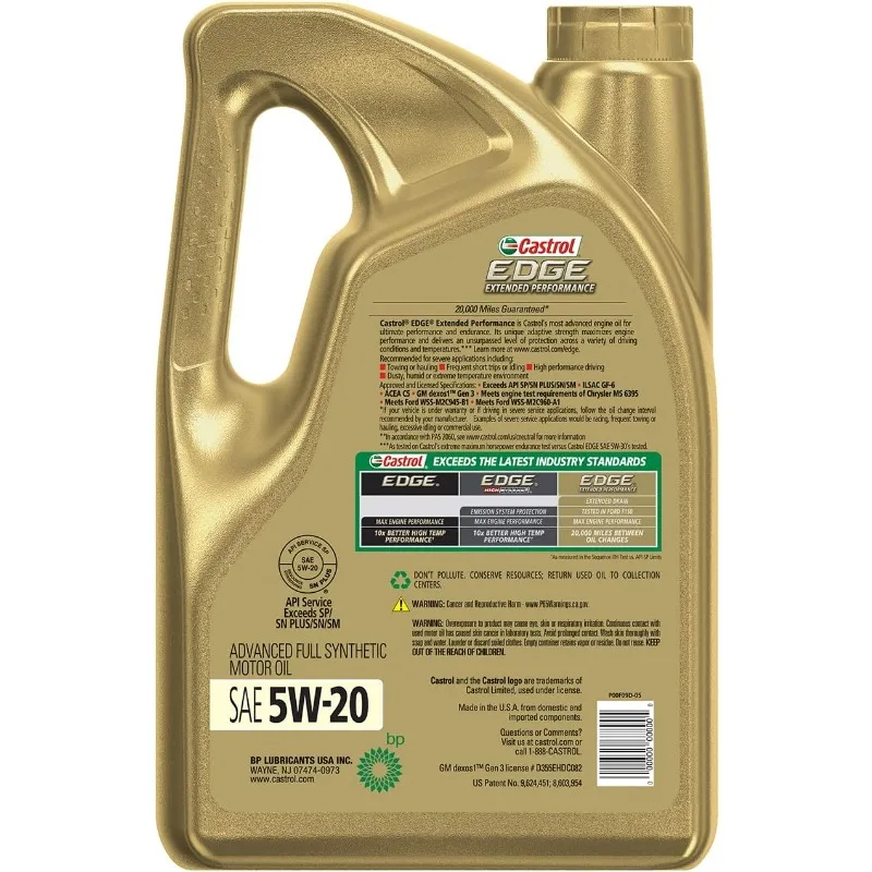 Castrol Edge Extended Performance 5W-20 Advanced Full Synthetic Motor Oil, 5 Quarts