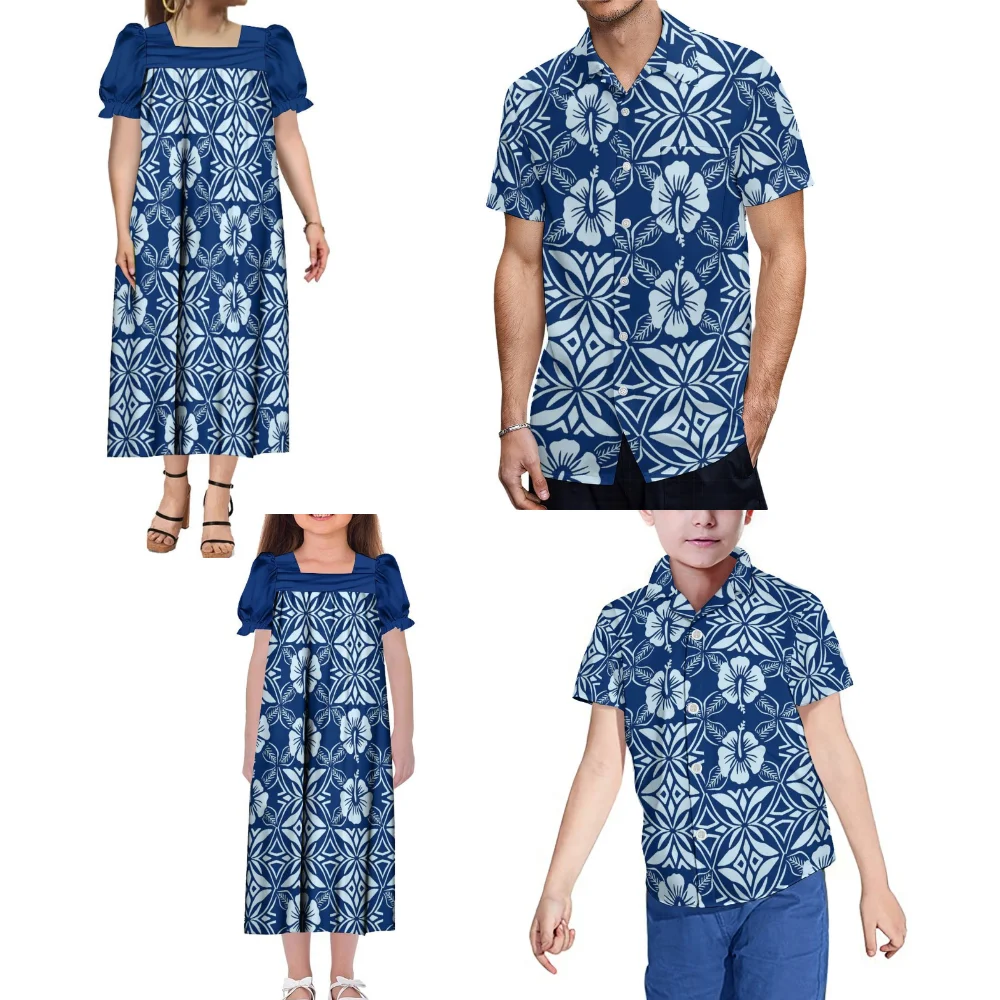 Abito da festa per la famiglia polinesiana donna ragazze Mumu Blue Dress uomo ragazzi camicia modello etnico Hibiscus Flower Leaf Custom Pattern