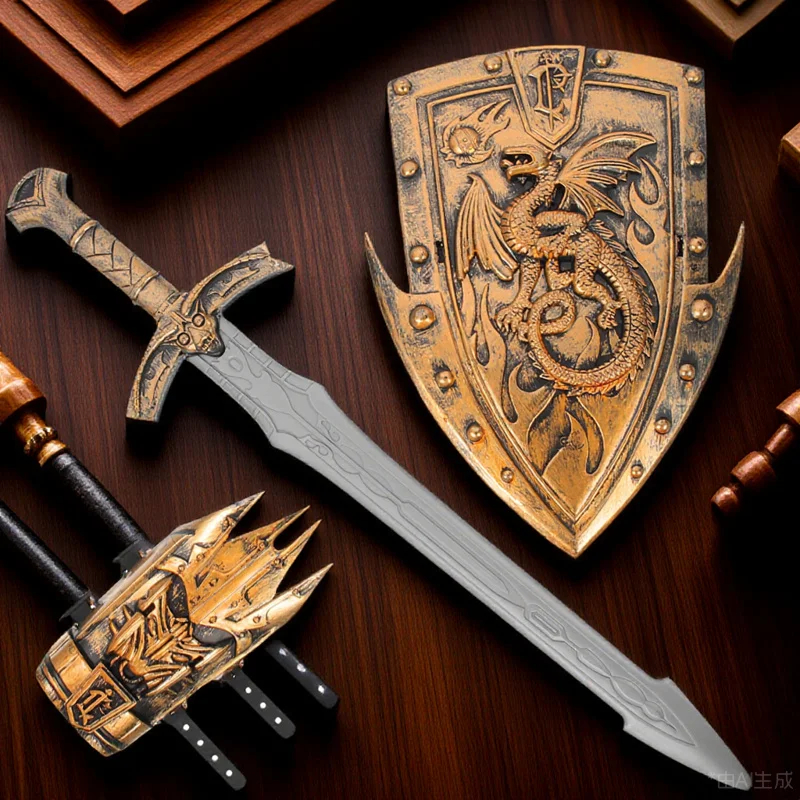 1 Zestaw Strój Rycerza dla Dzieci z Tarczą, Mieczem i Akcesoriami, Zabawka Zbroja dla Dzieci, Plastik, Akcesoria do Cosplayu, na Imprezę