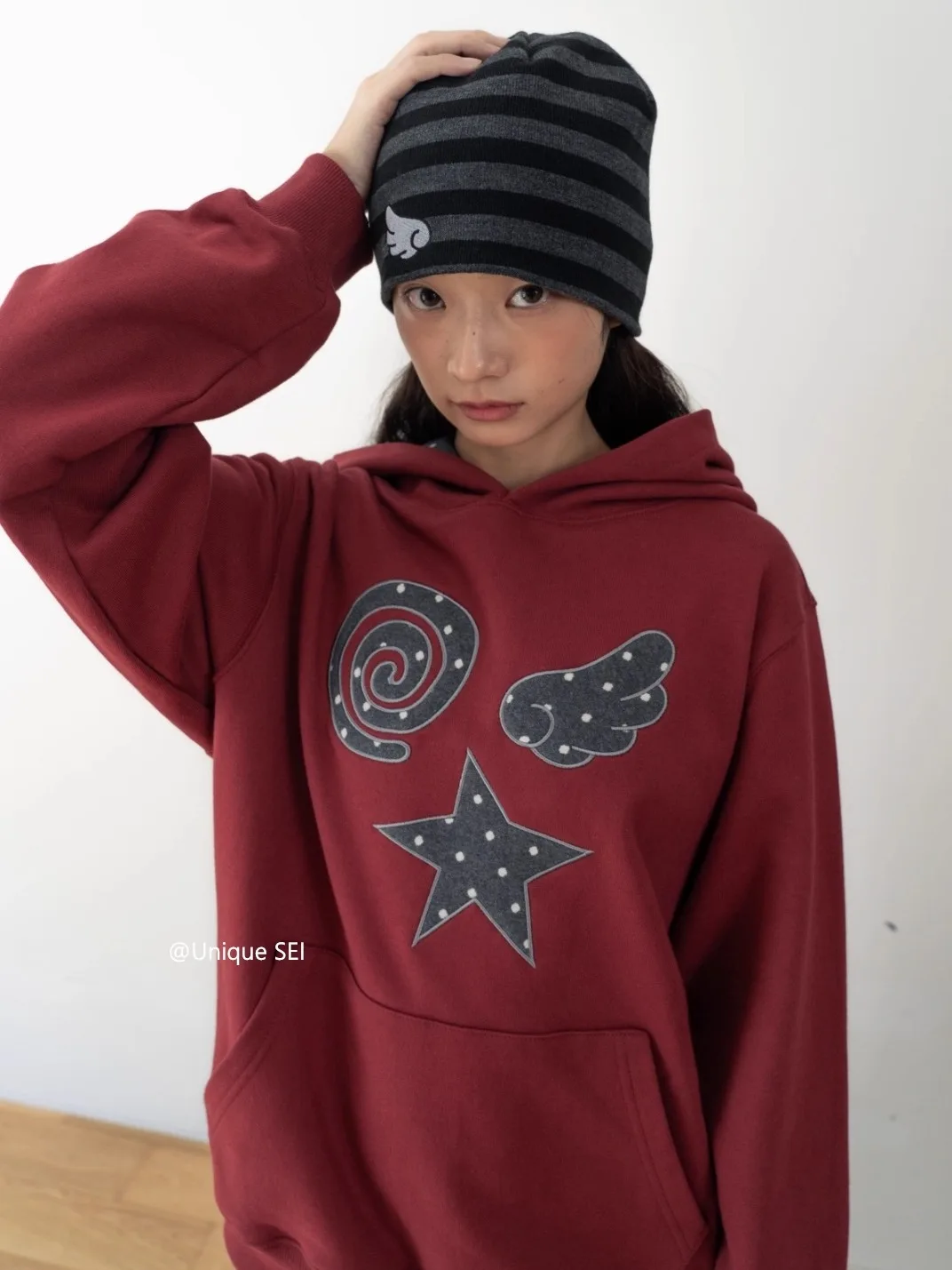 Korean Autumn Polka Dot Color Blocking Hooded Sweatshirt Loose All Match Long Sleeve Casual Hooded Pullover Women Y2k Top