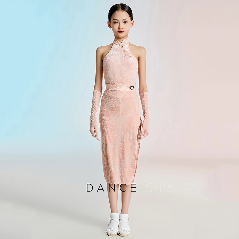 2025 Latin Dance Suit For Girls Chinese Style Stage Show Outfit Pink Velvet Cheongsam Kids Latin Performance Dance Dress VBH1878