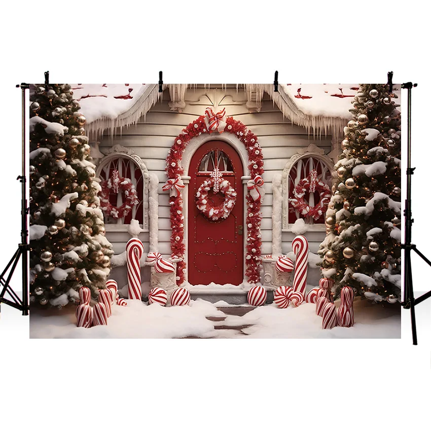 Mehofond Red Wooden Door Photography Backdrop Rustic Winter Snowy Xmas Tree Kids Holiday Famliy Portrait Photo Backgrounds Props