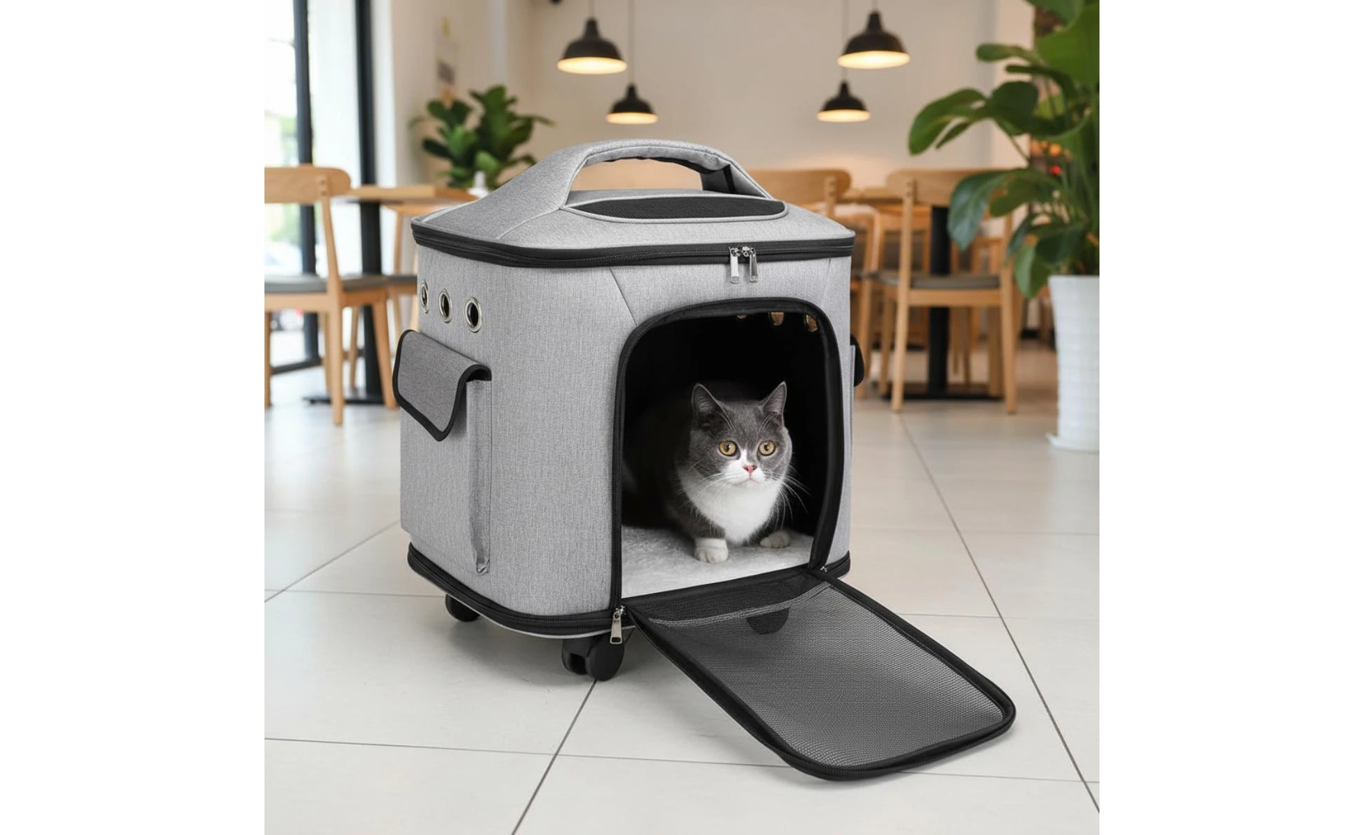 Rolling Pet Carrier Quiet Wheels Feline Carrier Suitcase Feline Travel Bag Multiple Carrying Options Easy to Clean for Outdoor