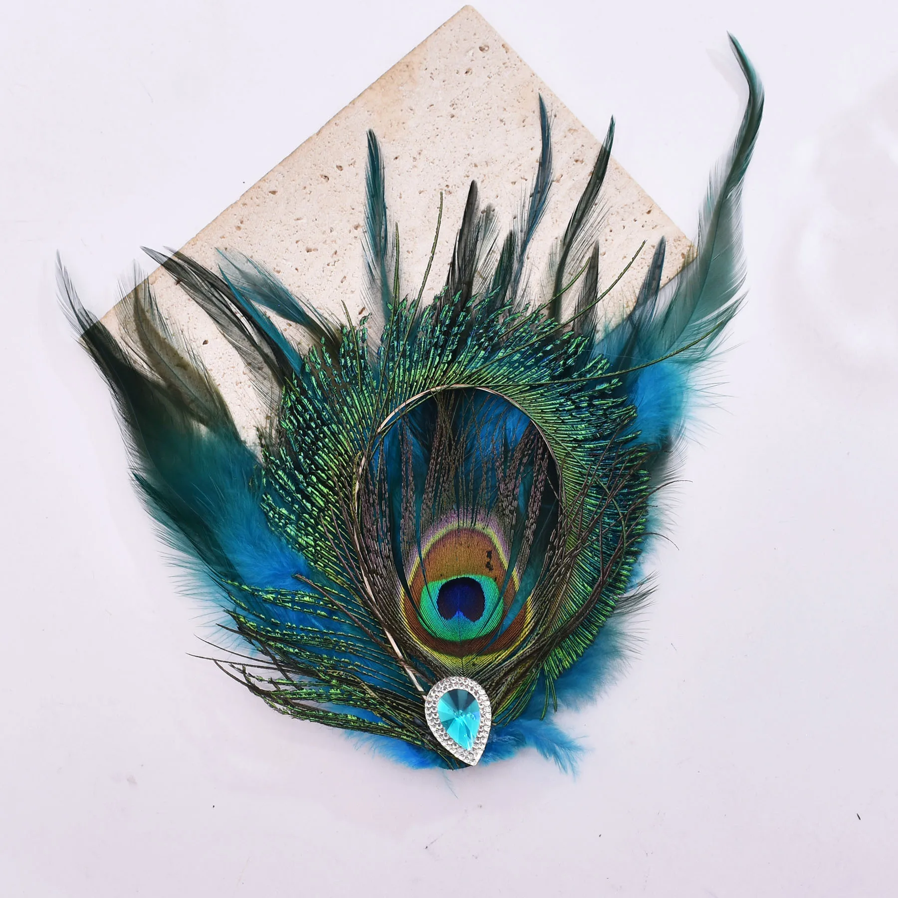 Ethnic Exaggerate Rhinestone Peacock Feather Hair Clip Colorful Feather Side Clip Exquisite Hair Clip