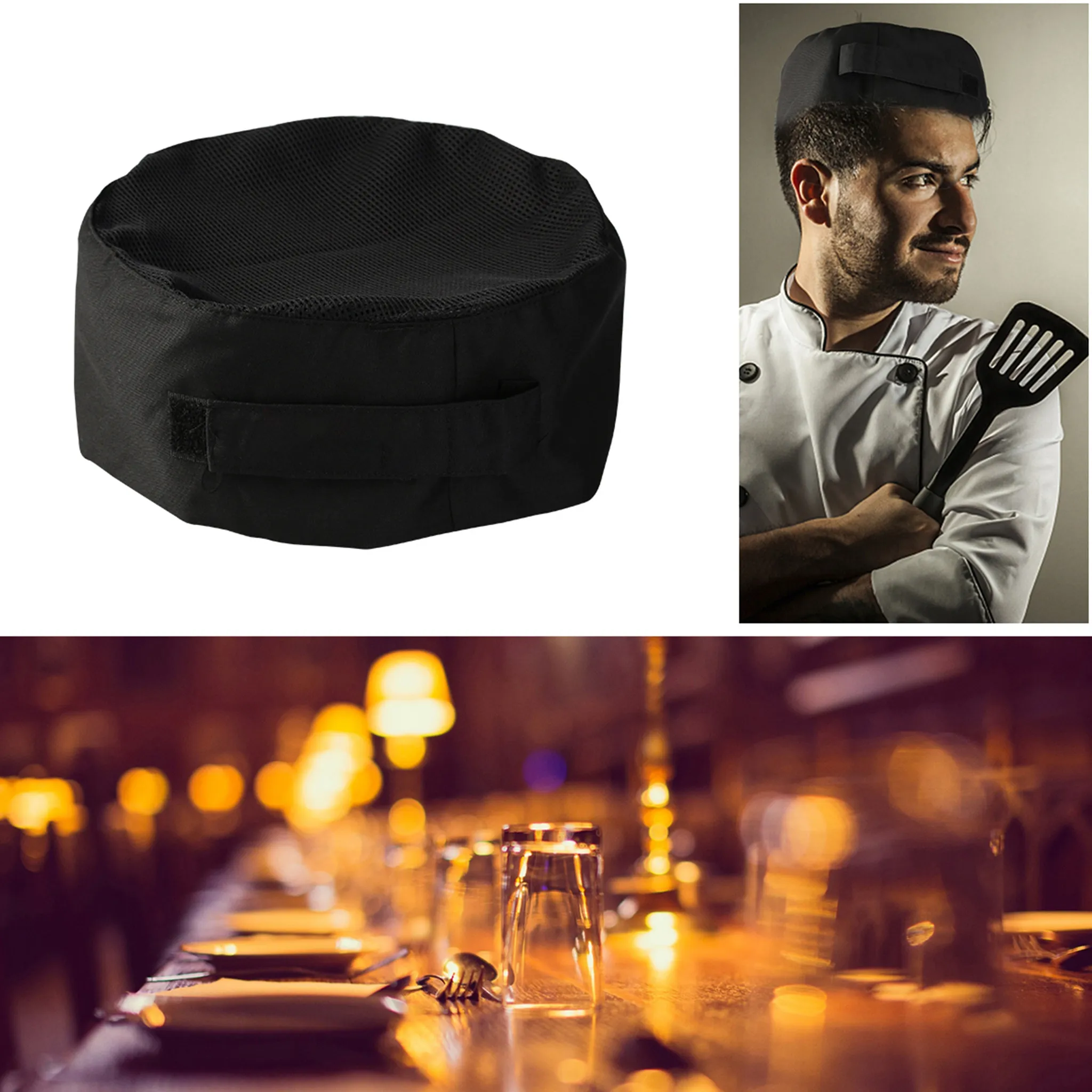touca-de-chef-profissional-em-malha-preta-respiravel-com-alca-ajustavel-para-cozinha-e-catering