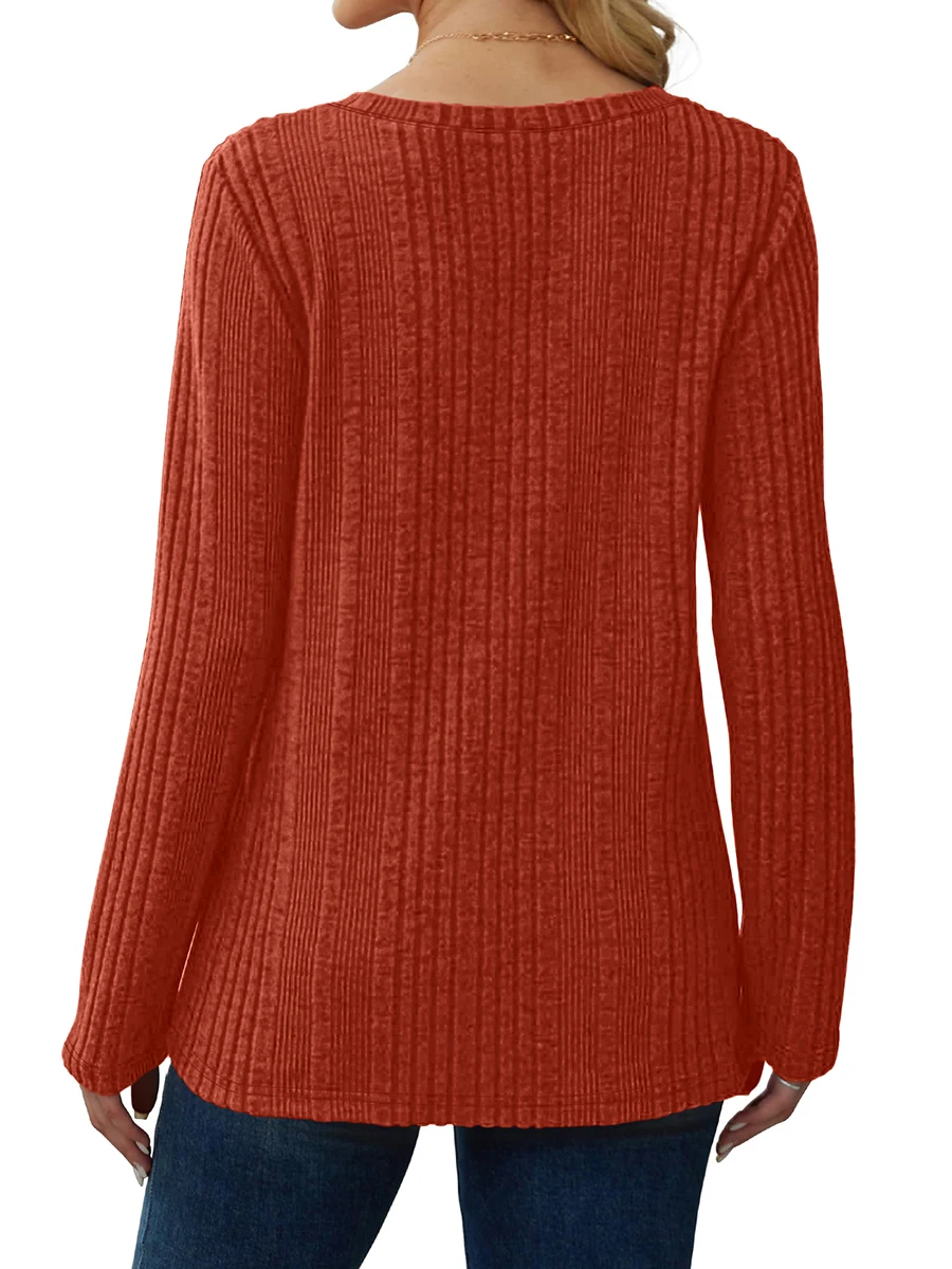 Damen V-Ausschnitt Langarm T-Shirts Gerippte Strick-Tunika-Oberteile Lässige Lose Einfarbige Pullover-Bluse Herbst Winter Basic Tee Damen 2026 – Detail 5