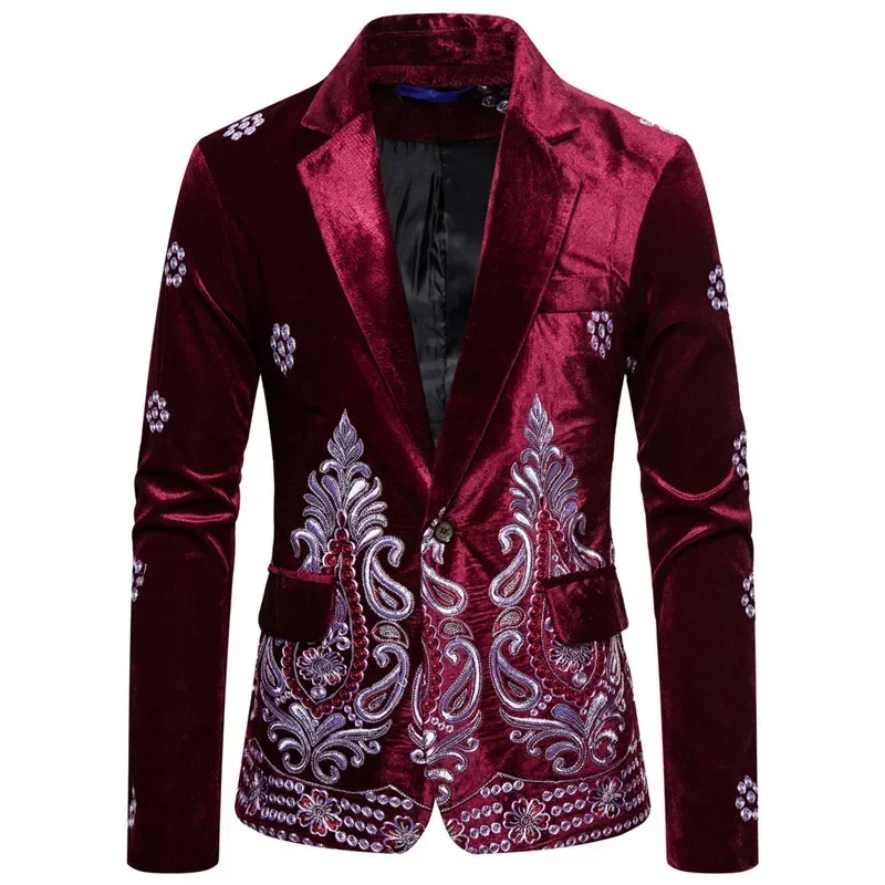 New Men\'s Luxury Blazer Costume Stage Jacket Suit Male Velvet One button Gold Thread Embroidered Dress Suits for Men