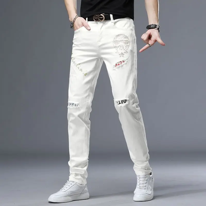 Spring Summer White Hot Drill Ripped Cowboy Korean Style Streetwear Men Washed Luxury Holes Slim Hip-hop Stylish Jeans Trousers