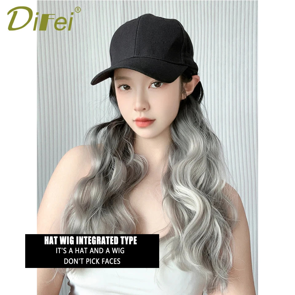 Topi Wig sintetis kepala penuh untuk wanita, topi Wig bisbol lidah bebek Joker modis, rambut palsu panjang ikal sorot untuk wanita