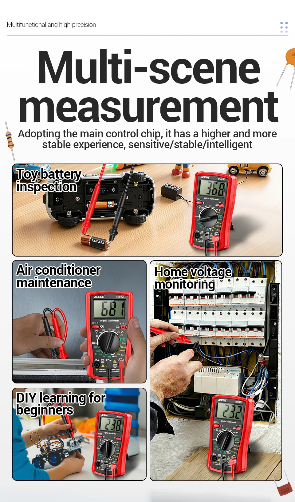 ANENG DM850 Digitalmultimeter mit 1999 Messwerten, Gratis Geschenk BT173 Batterietester, AC/DC-Spannung, Strom, Widerstand, Diodentest, tragbar – Detail 2