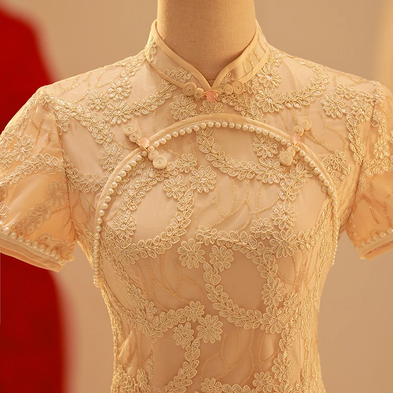 

Young Elegant Modified Engagement Dress in Light Beige for Girls High Quality Custom Made Long Qipao with Short Sle...