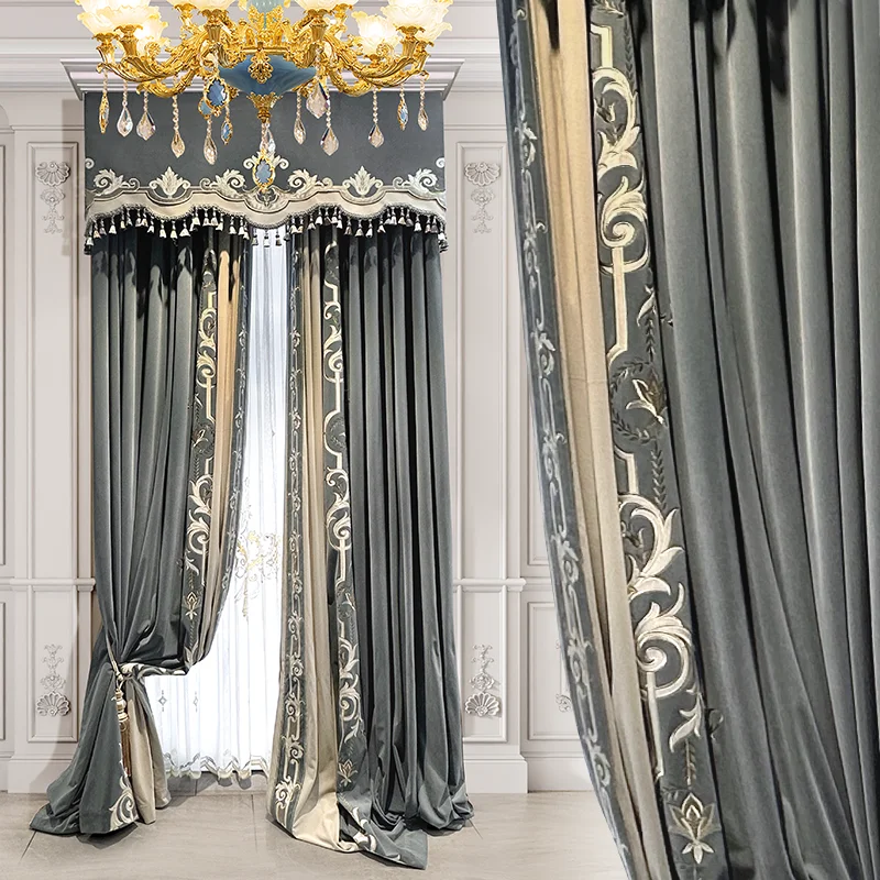 

Custom curtain Light luxury European villa flannel embroidered grey velvet cloth blackout curtain tulle valance drape M15011